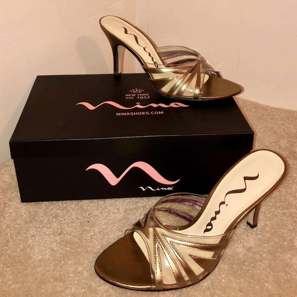 NWOT Nina Geometric Print Leather Sandal Gold/Clear 7.5
